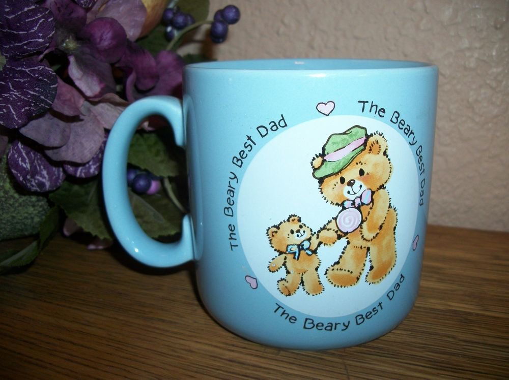 Coffee Mug Beary Best Dad Father & Baby Bear VTG Blue Ceramic Fathers Day Gift