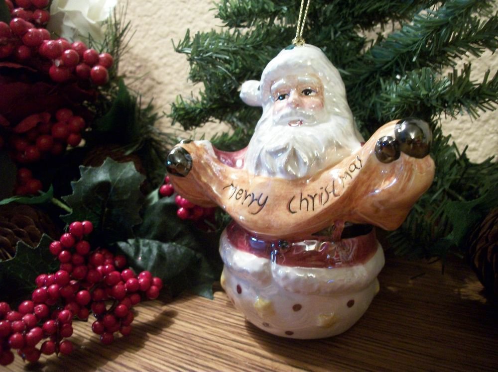 Santa Claus Merry Christmas Banner Tree Ornament Home Decor Ceramic Figurine