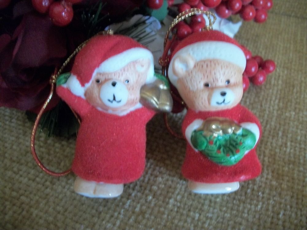 Porcelain Bear Couple Bell Christmas Tree Ornaments Two VTG Holiday Figurines