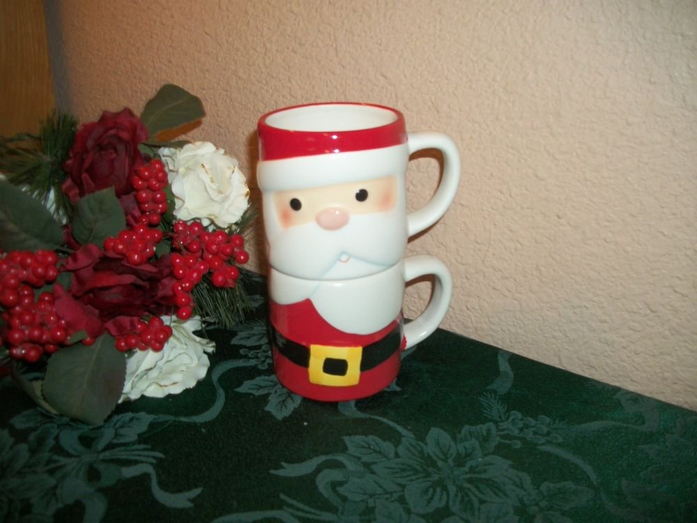 Christmas Santa Claus Mug by Hallmark Two Stackable Red Ceramic Coffee Tea Cup