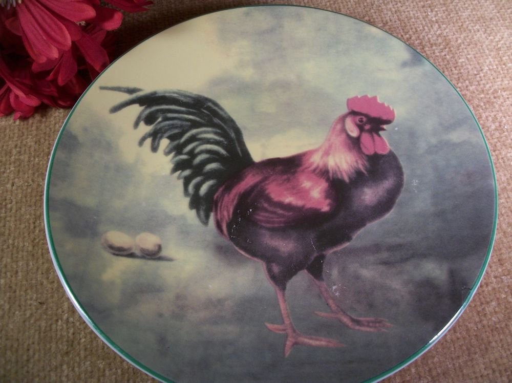 Kitchen Decor Wall Plate Rooster Brown Orange Green Country Farmhouse Ceramic