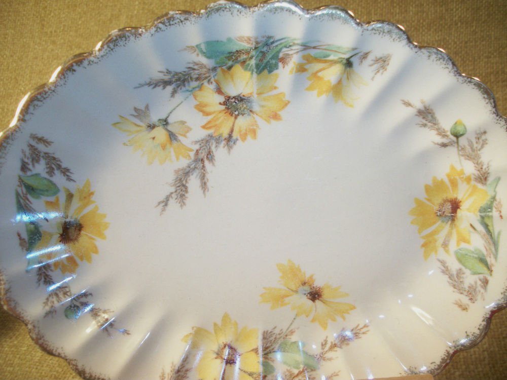 Serving Dish Antique Plate Sebring Golden Ware 22k Gold Yellow Daisy Tableware