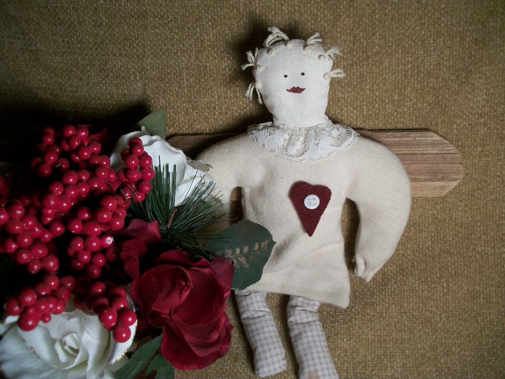 Americana Doll Angel Handcrafted Primitive Folk Wall Hanging Rustic Home Decor
