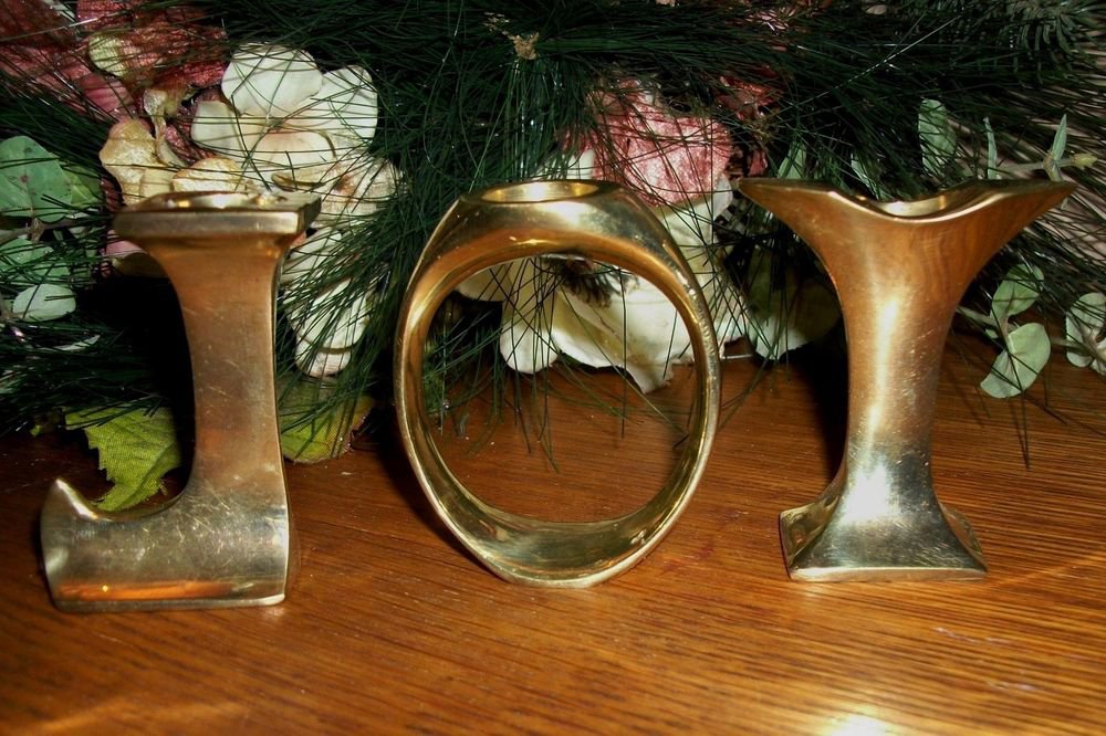 JOY Letters Christmas Taper Candle Holders Solid Brass VTG Holiday Home Decor