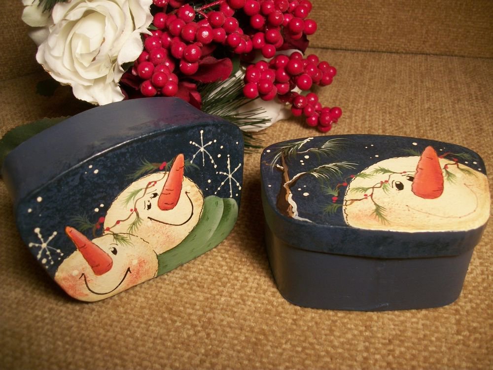 Pair of Hand Painted Snowman Gift Keepsake Trinket Boxes, Christmas Home Decor