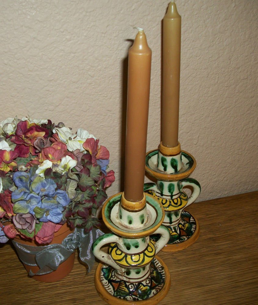 Hand Painted European Pottery Candlesticks Pisa Italy Colorful Artistic Decor