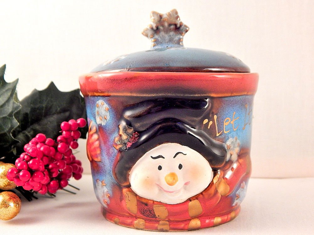 Snowman Jam Serving Dish Covered Candy Jar Butter Crock Christmas Tableware