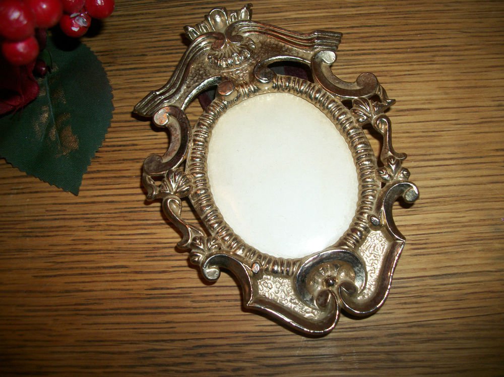 Oval Portrait Picture Frame Ornate Goldtone Metal Easel Back VTG French Decor