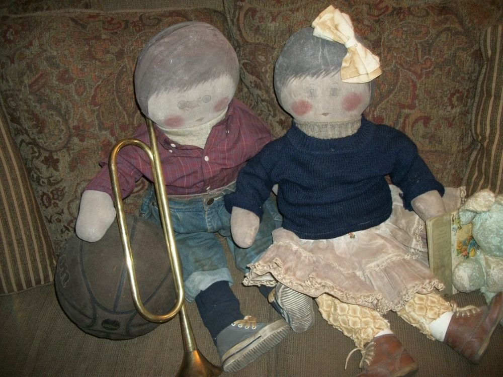Artisan Dolls He She Boy Girl 30" Soft Sculpture Hand Painted Muslin Home Decor