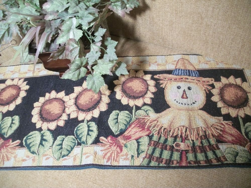 Fall Table Runner Scarecrow Sunflowers Tapestry 70" Harvest Thanksgiving Decor
