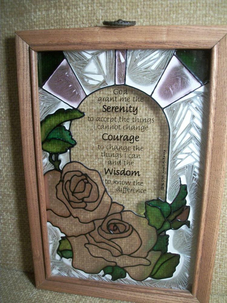 SERENITY PRAYER Wisdom Courage Colored Glass Pink Roses Hanging Window Decor