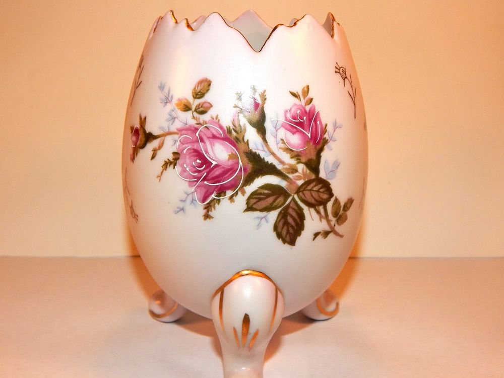 Napco Egg Vase Footed Pink Rose Porcelain VTG Moriage Gilded Transferware Decpr