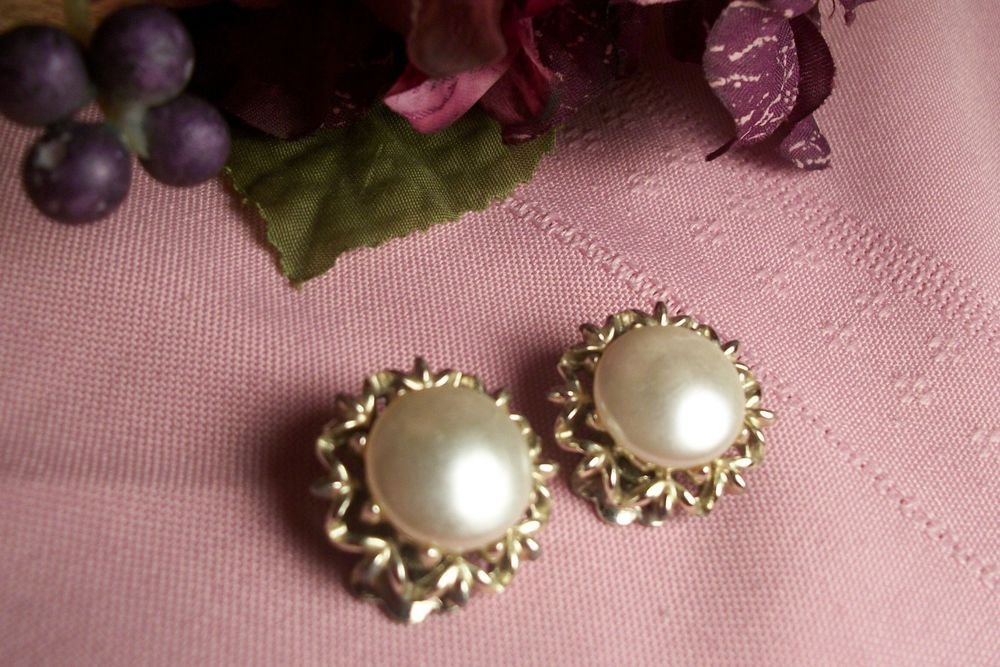 Earrings Clip On White Faux Mabe Pearl Gold VTG CORO Designer Signed Jewelry