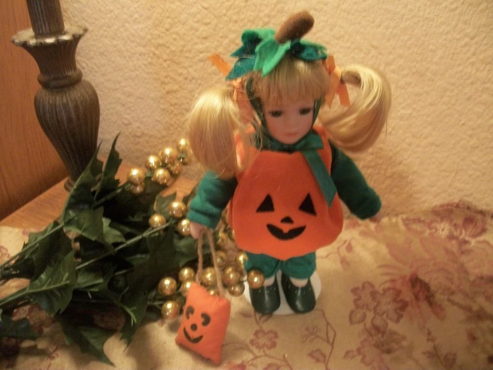 Anco Doll Pumpkin Halloween Costume 9" Blond Girl Fall Home Decor Collectible
