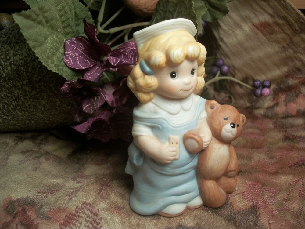 Girl Dressed as Nurse Holding Teddy Bear VTG Wallace Berrie Porcelain Figurine