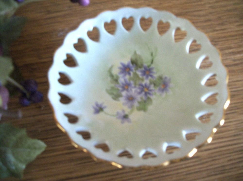 Porcelain Trinket Dish Purple Flowers Hearts Pedestal Bowl VTG Hand Crafted
