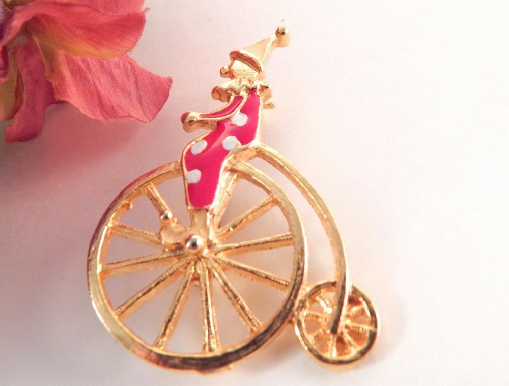 Circus Clown Hi Wheel Bicycle Brooch Penny Farthing Pierrot Pin VTG Enamel