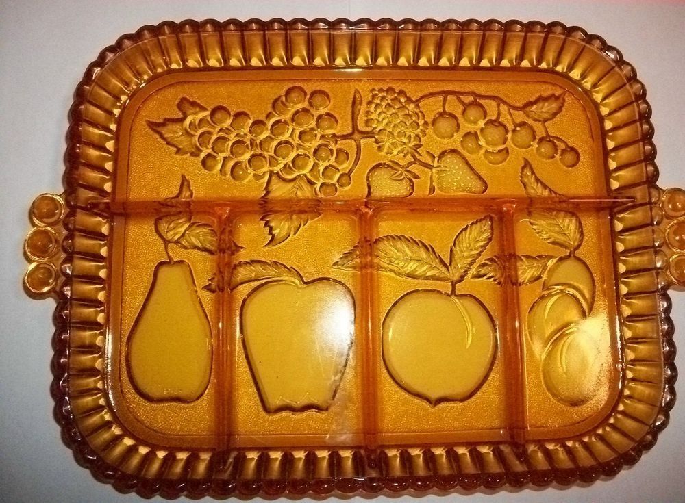 Amber Glass Tray VTG Fruit Motif Serving Platter Fall Thanksgiving Tableware