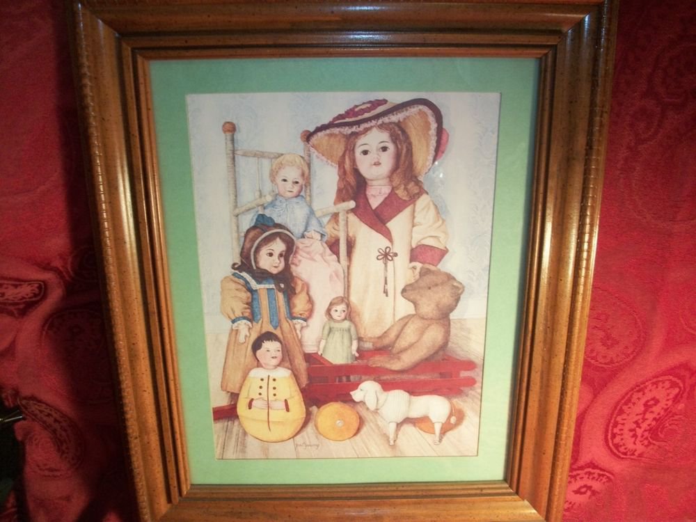 Pat Young Dolls Teddy Bear Wagon Rocking Chair Framed Print Picture Wall Hanging