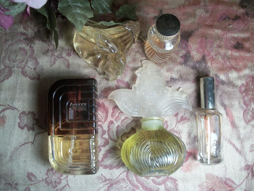 VTG Fragrance Five Perfume Bottles Boudoir Decor Avon Prince Matchabelli Revlon