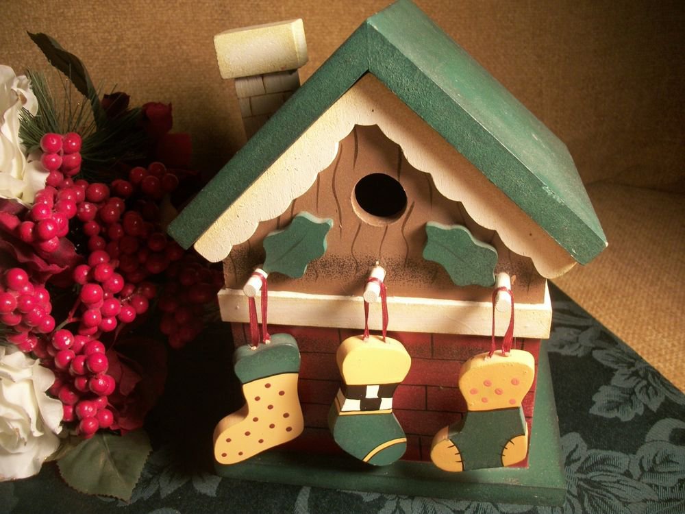 Debbie Mumm Painted Wood Bird House with Christmas Stockings Holiday Decoration