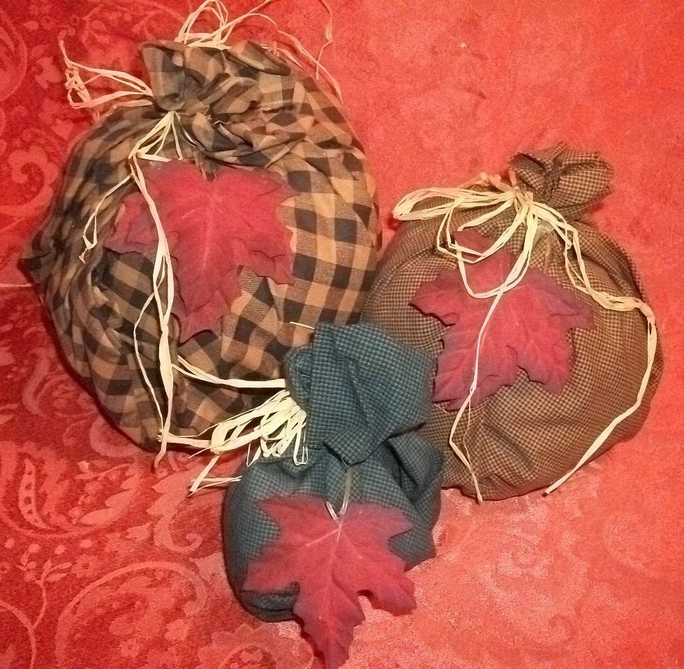 Fabric Pumpkins Three Plaid Cotton Free Form Raffia Tied Fiber Filled Fall Decor