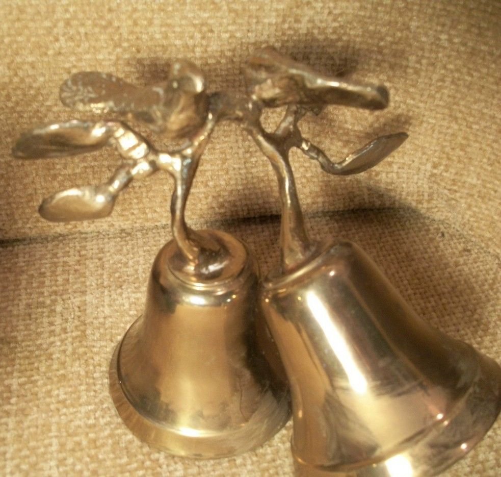 Antigue Brass Bells with Birds on Branch Handle Unique Double Bell Collectible