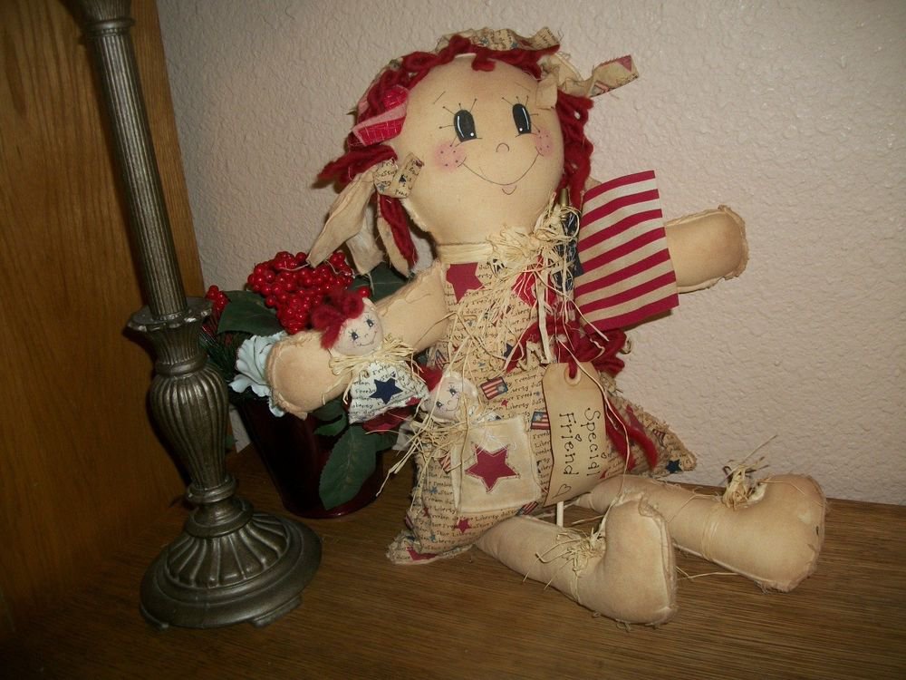 Handmade Big Doll Red Hair Raggedy Ann Style Fiber Filled Muslin Soft Sculpture