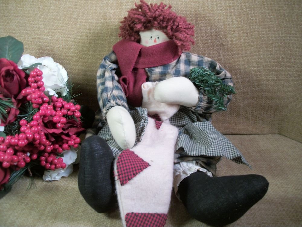 Country Christmas Rag Doll Soft Sculpture Girl Raggedy Style Winter Decoration