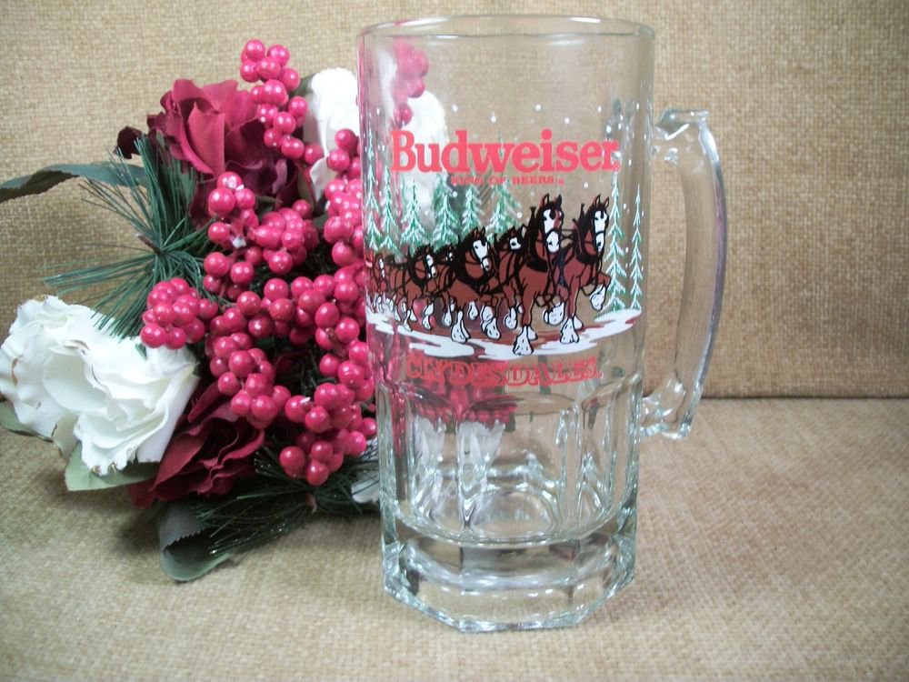 Budweiser Beer Glass Mug Clydsdale Horses Winter Scene Anheuser-Busch VTG 1989