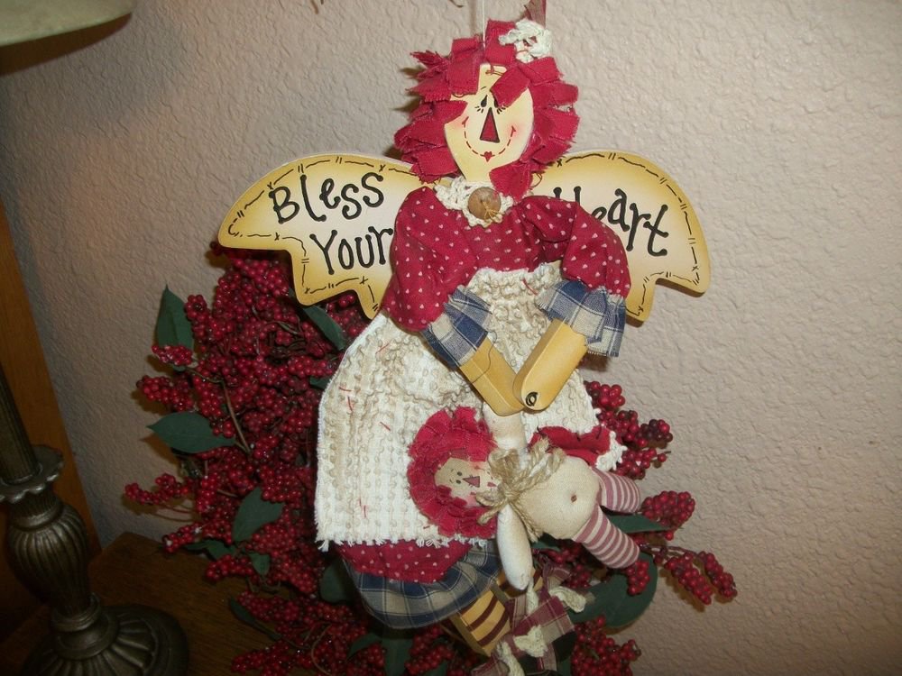 Raggedy Angel Doll Wall Hanging Hand Painted Wood Red Blue Fabric Americana