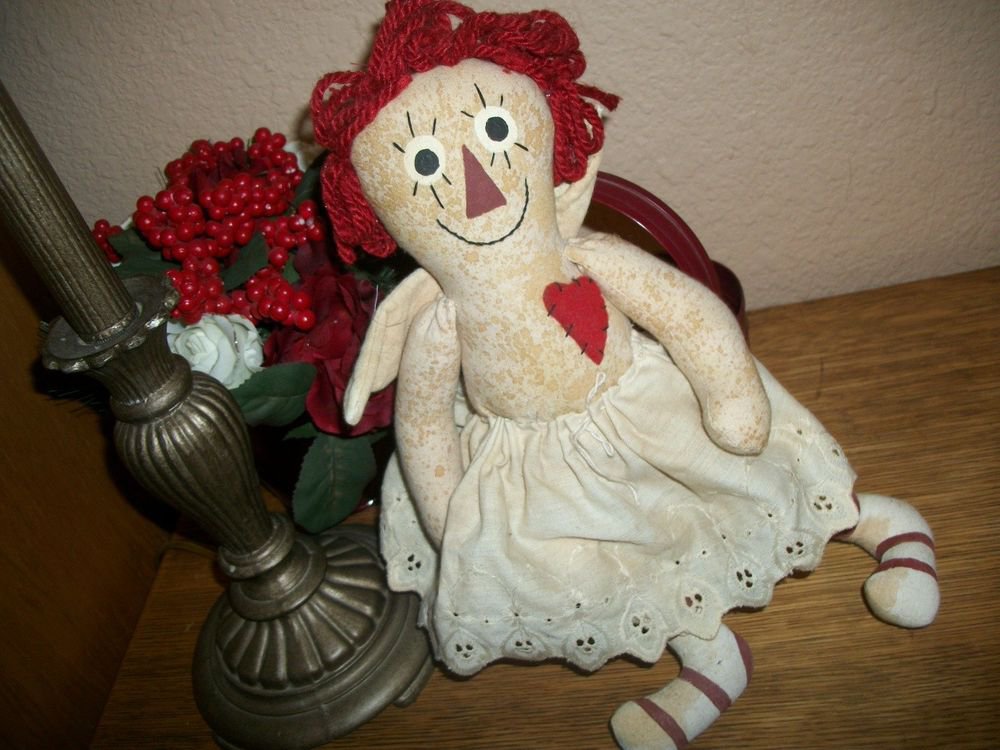 Dirty Angel Doll Raggedy Ann Style Red Hair Hand Crafted Primitive Home Decor