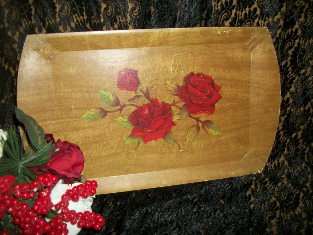 Antique Wood Grain Wild Red Roses Serving Tray from Haskelite Cottage Chic Decor