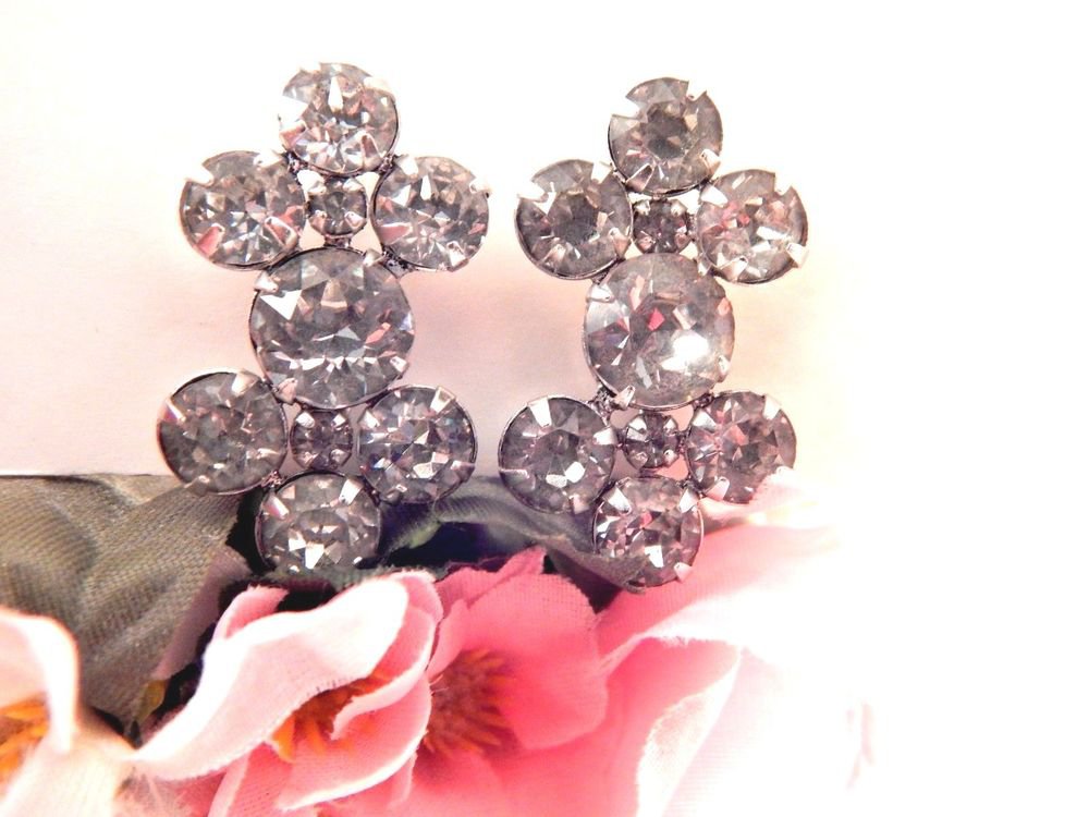 Rhinestone Earrings Screw Back Clip On Cluster Vertical Drop VTG Costume Jewelry