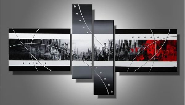 Abstract Handmade Oil Painting the Gray Shades of Red Handmade Painting Set of 4pcs
