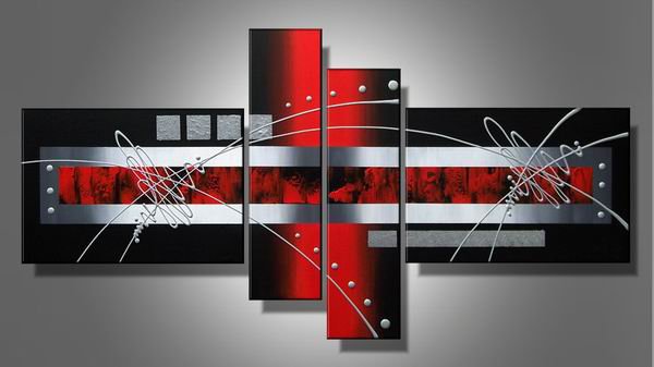Black Grey Red -Abstract-handmade painting-set of 4pcs