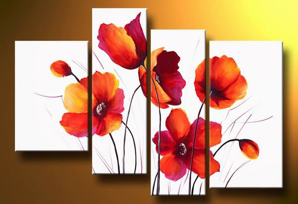 Red poppy flowers meadow -Botanical-handmade painting-set of 4pcs