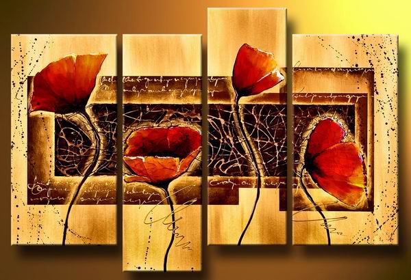 Red poppy-Botanical-handmade painting-set of 4pcs