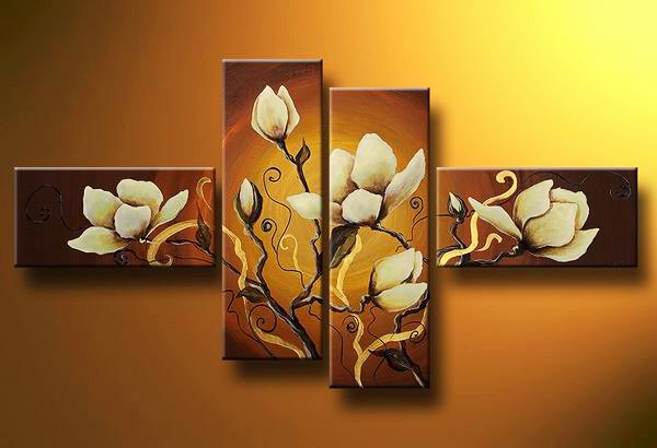 Flowers Warm shades -Botanical-handmade painting-set of 4pcs