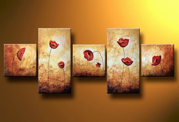 Flowers poppy meadow -Botanical-handmade painting-set of 5pcs