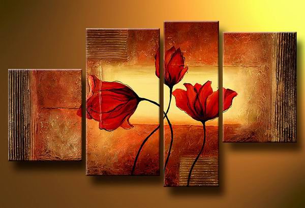 Flowers Poppies in the wind -Botanical-handmade painting-set of 4pcs