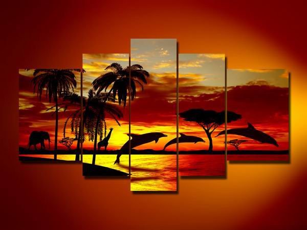Dolphins at dawn -Landscape , Botanical , Animal-handmade painting-set of 5pcs