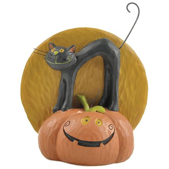 Halloween Black Cat on Jack-O-Lantern with Moon Figurine