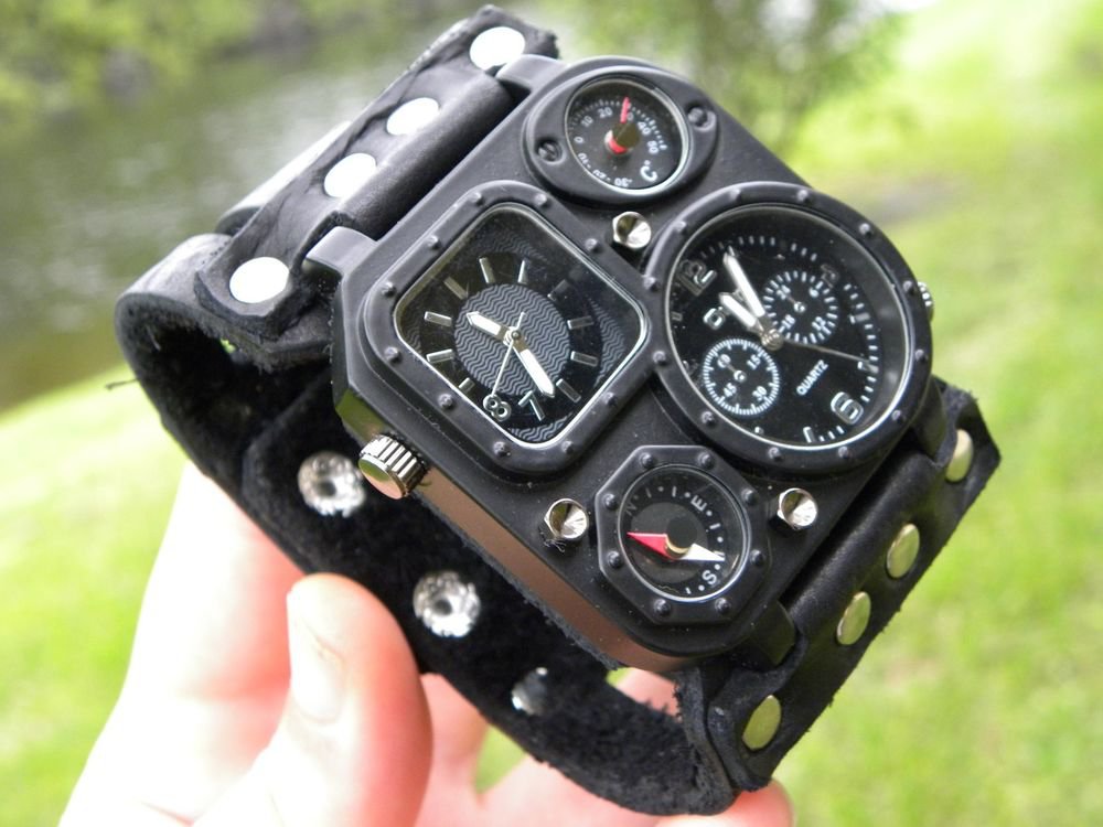Buffalo Leather handmade wristband cuff bracelet Men`s Watch Steam punk dual ti