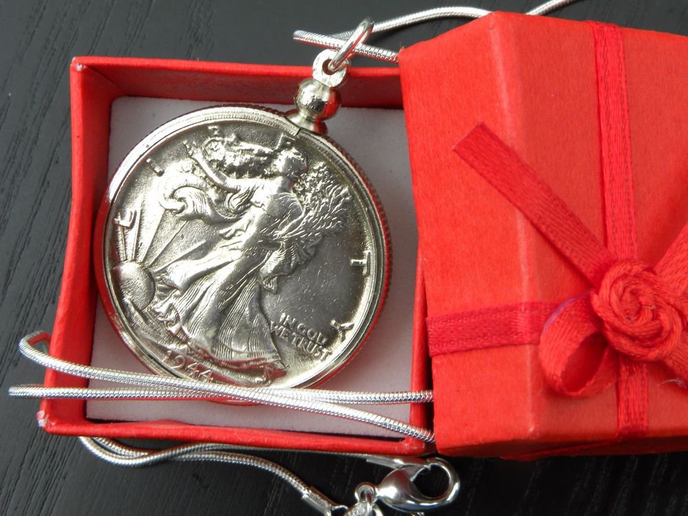 1944 Vintage Walking Liberty Half dollar silver necklace pendant silver chain