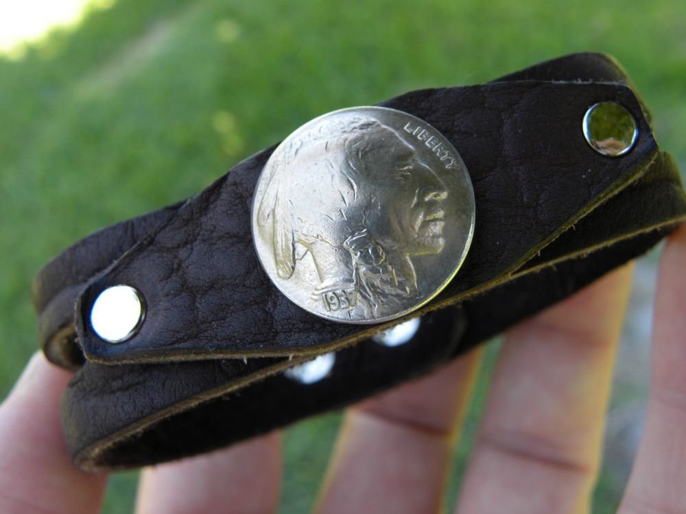Handmade Cuff Bracelet Genuine Buffalo Leather Buffalo Indian Head Nickel coin