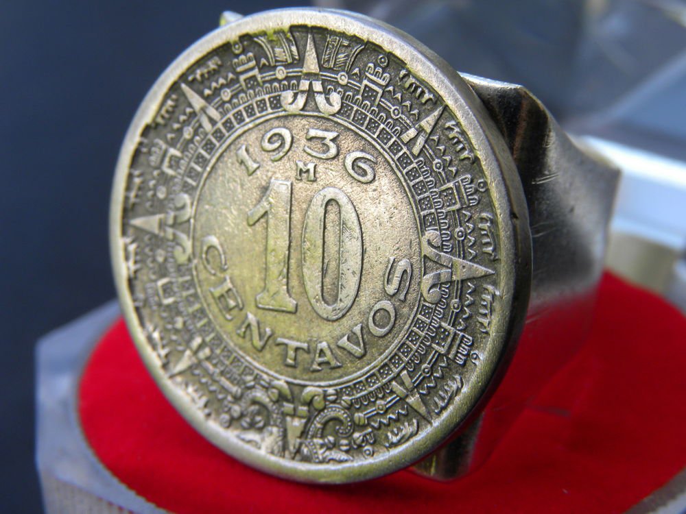 Vintage Mexican Coin Aztec calendar Adjustable Handcrafted Artisan Men`s ring mg