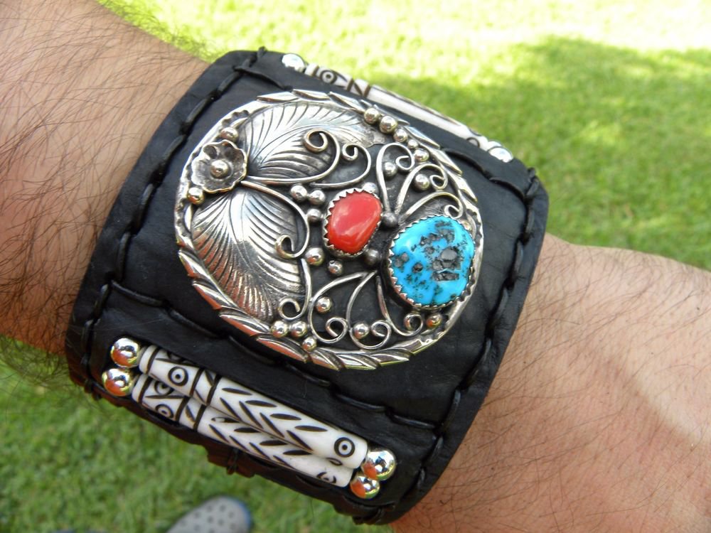 Authentic Leather bracelet VINTAGE STERLING SILVER TURQUOISE