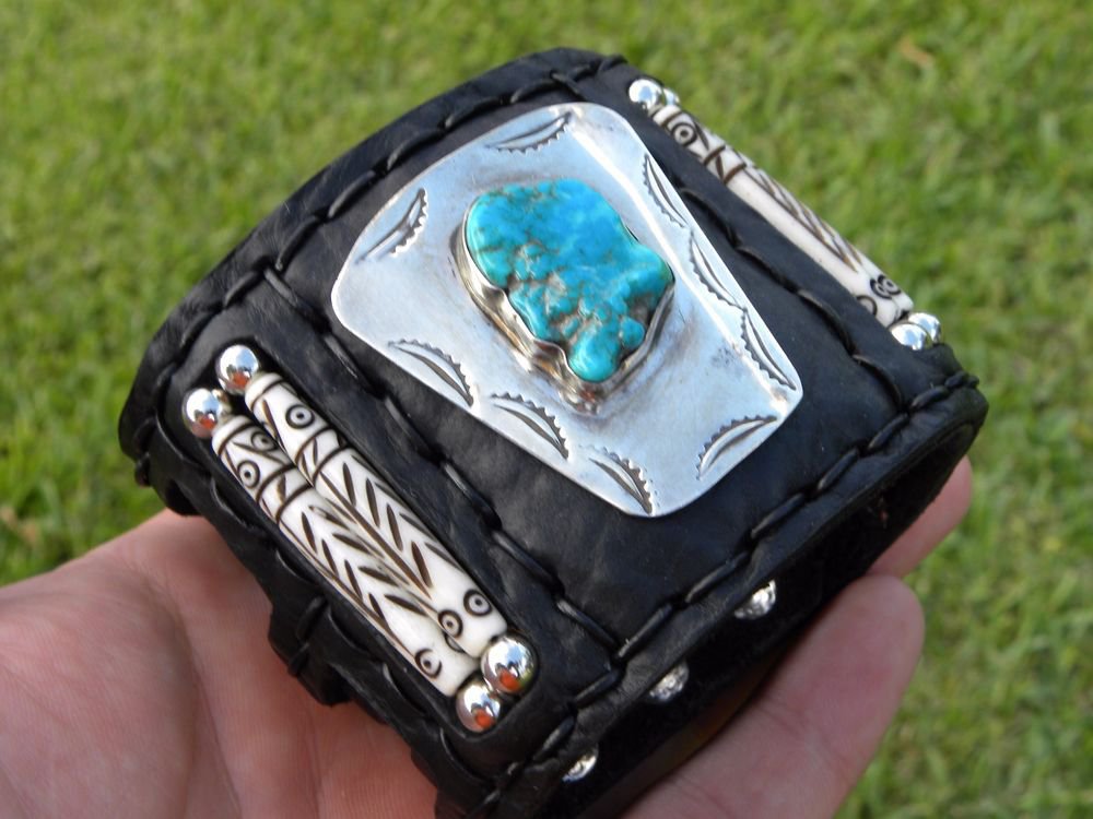 Ketoh Buffalo Leather Cuff Bracelet vintage SILVER TURQUOISE NATIVE AMERICAN
