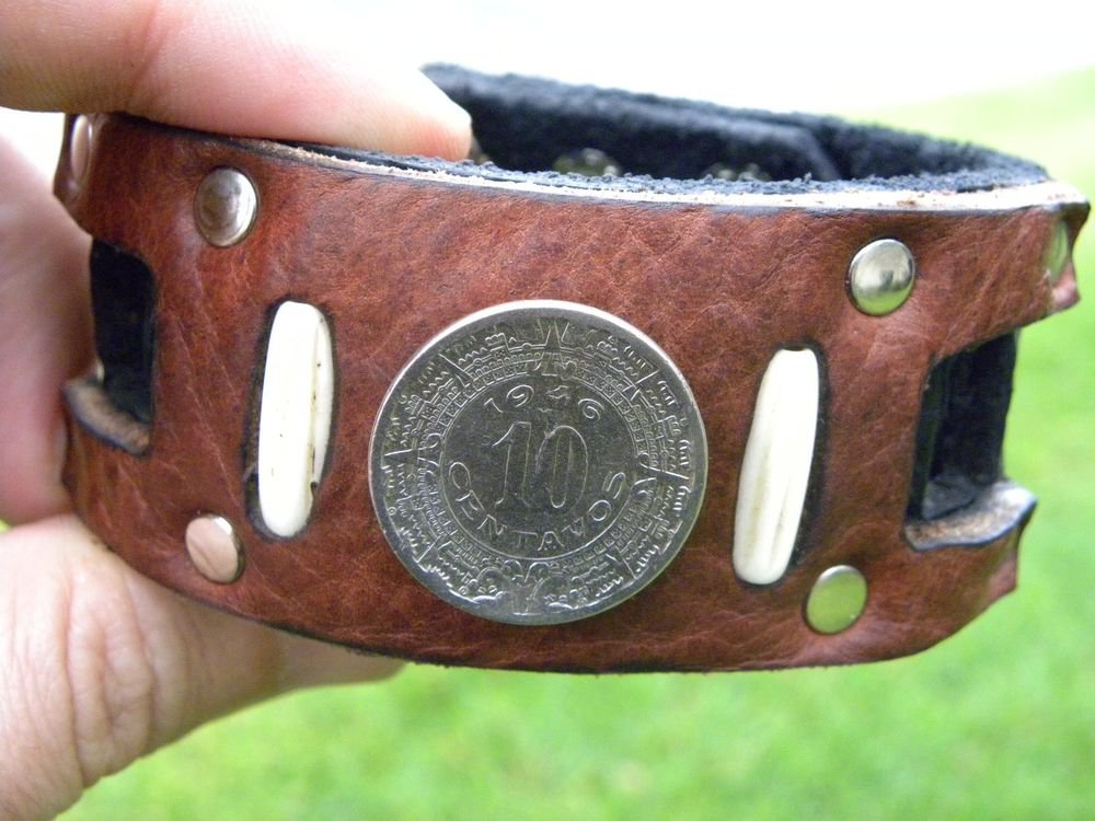 Handmade Cuff Men Bracelets Genuine Buffalo Leather Aztec Calendar coin mg